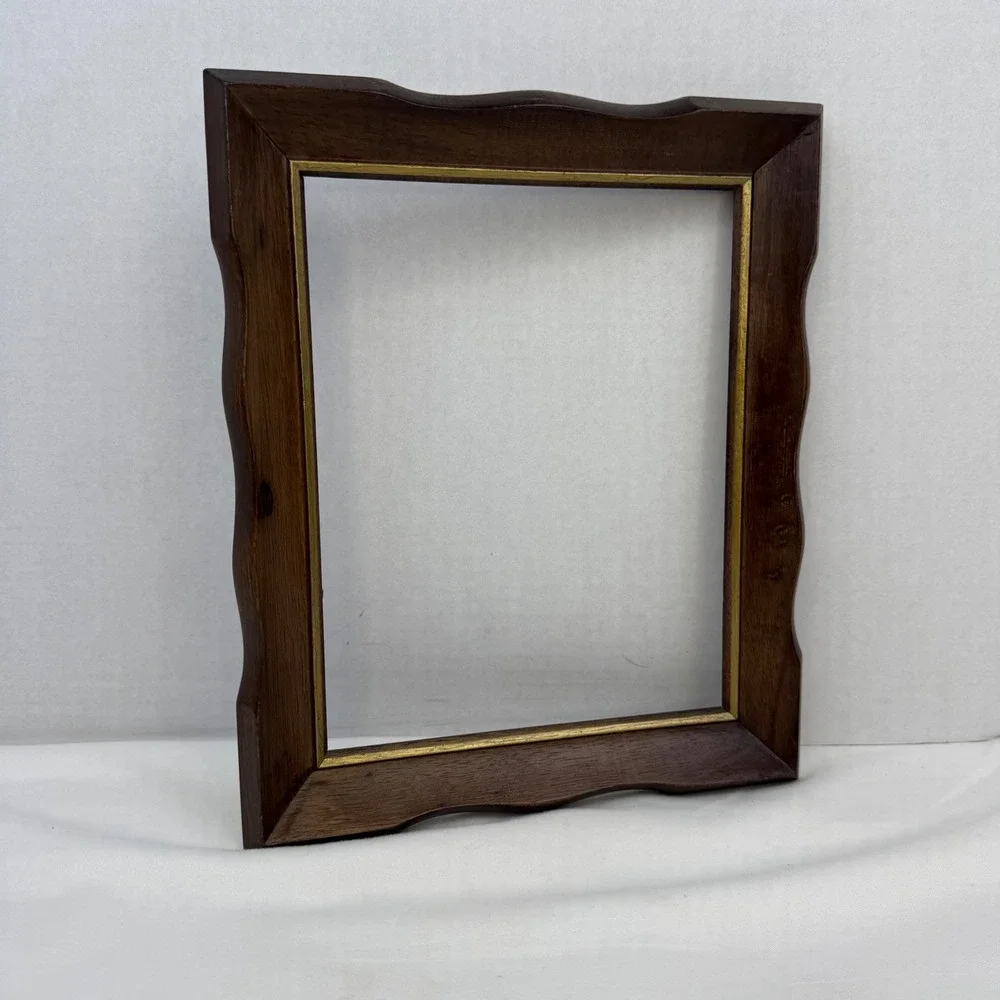 Vintage Scalloped Wood Picture Frame 8x10 Dark Brown Gold Trim Wavy Edge